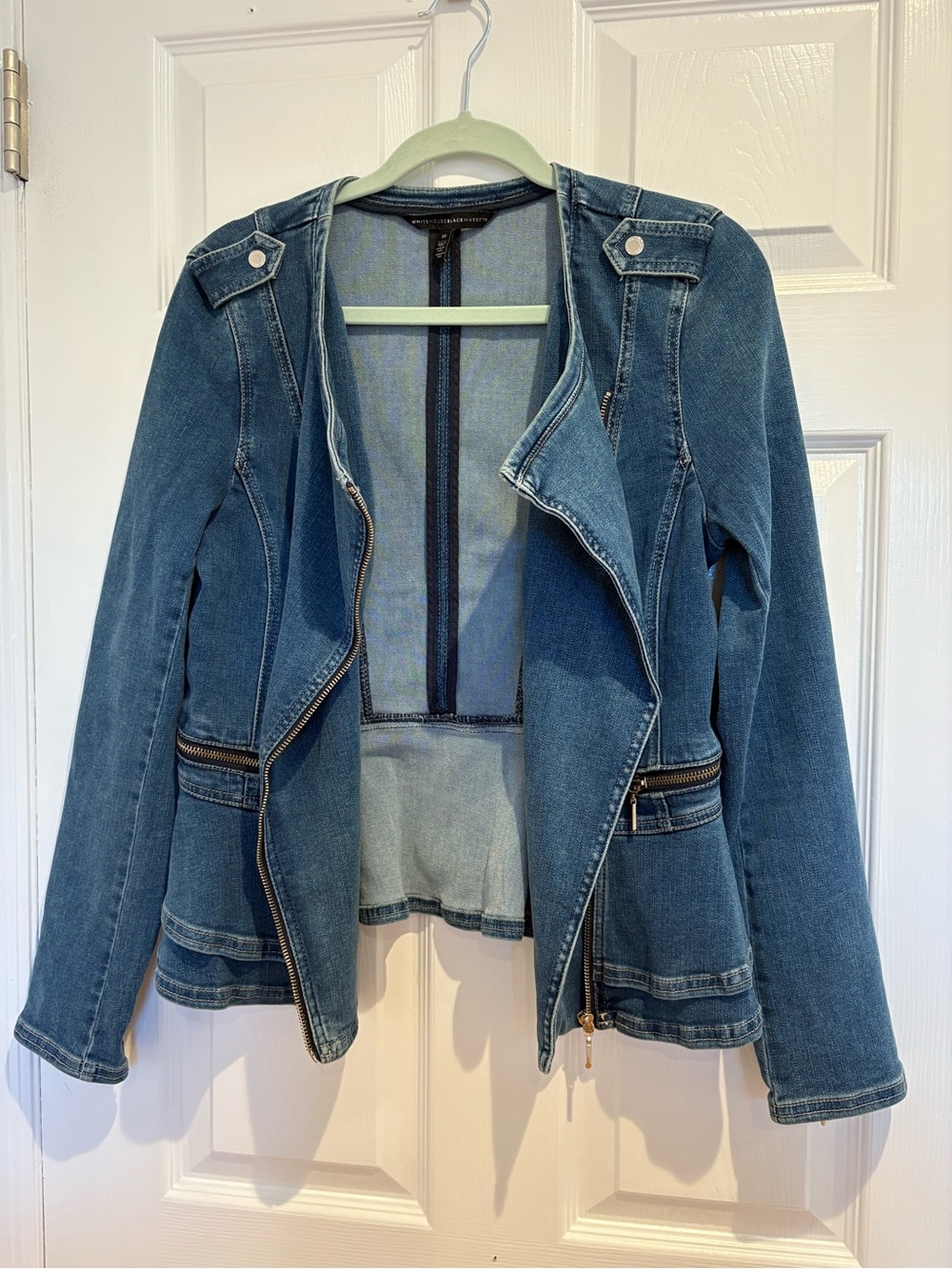 White House Black Market Women's Denim Zip Jacket with Peplum style back- Blue - Picture 8 of 10
